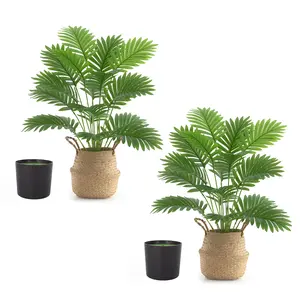 Lifelike Artificial Palm Trees, 2 Pack - Faux Majesty Palm in Black Pot and Woven Basket - Realistic Green Potted Plants for Home Decor, Living Room, Balcony, Office, or Housewarming Gift