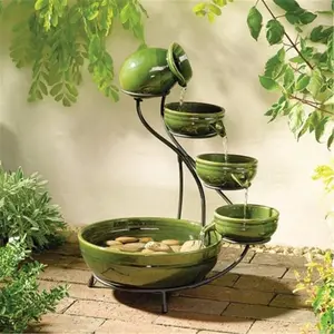 212 MAIN 4-Tier Solar Fountain - Decorative, Portable Bamboo Ceramic Cascade with Amazon Jungle Finish for Outdoor Garden Decor