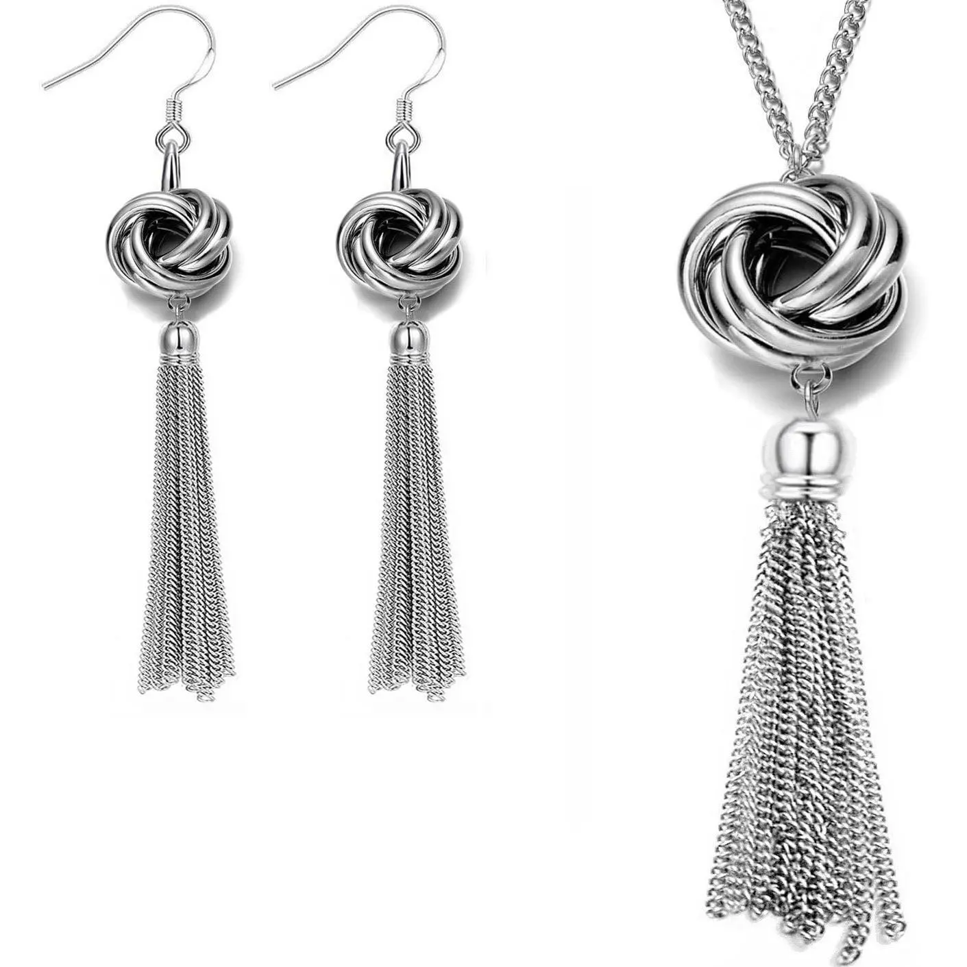 Women's Silver-Tone Long Tassel Necklace with Lovely Knot Tassel Pendant, Snake Chain - 9.7g Luxury Female Accessory for Dance, Party Gifting