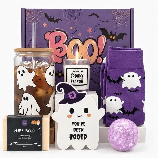 MHSMHL Boo Basket Stuffers for Women, Halloween Gifts for Women, Cute Halloween Boo Basket for Teens Girls Her Sister Friend Adults With Spooky Glass Cups