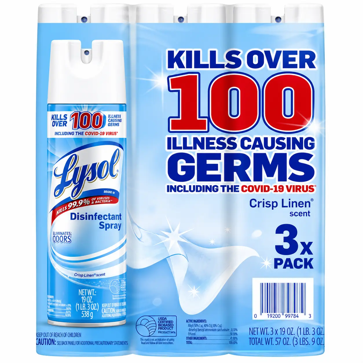 Lysol Anti-Bacteria Bacterial Cleanser Disinfectant Spray - Crisp Linen Scented, 19oz, 3 Packs, Mold-Fighting Household Cleaner with Deodorization Care, Home Supplies Disinfectant Sprays Liquids & Wipes Category