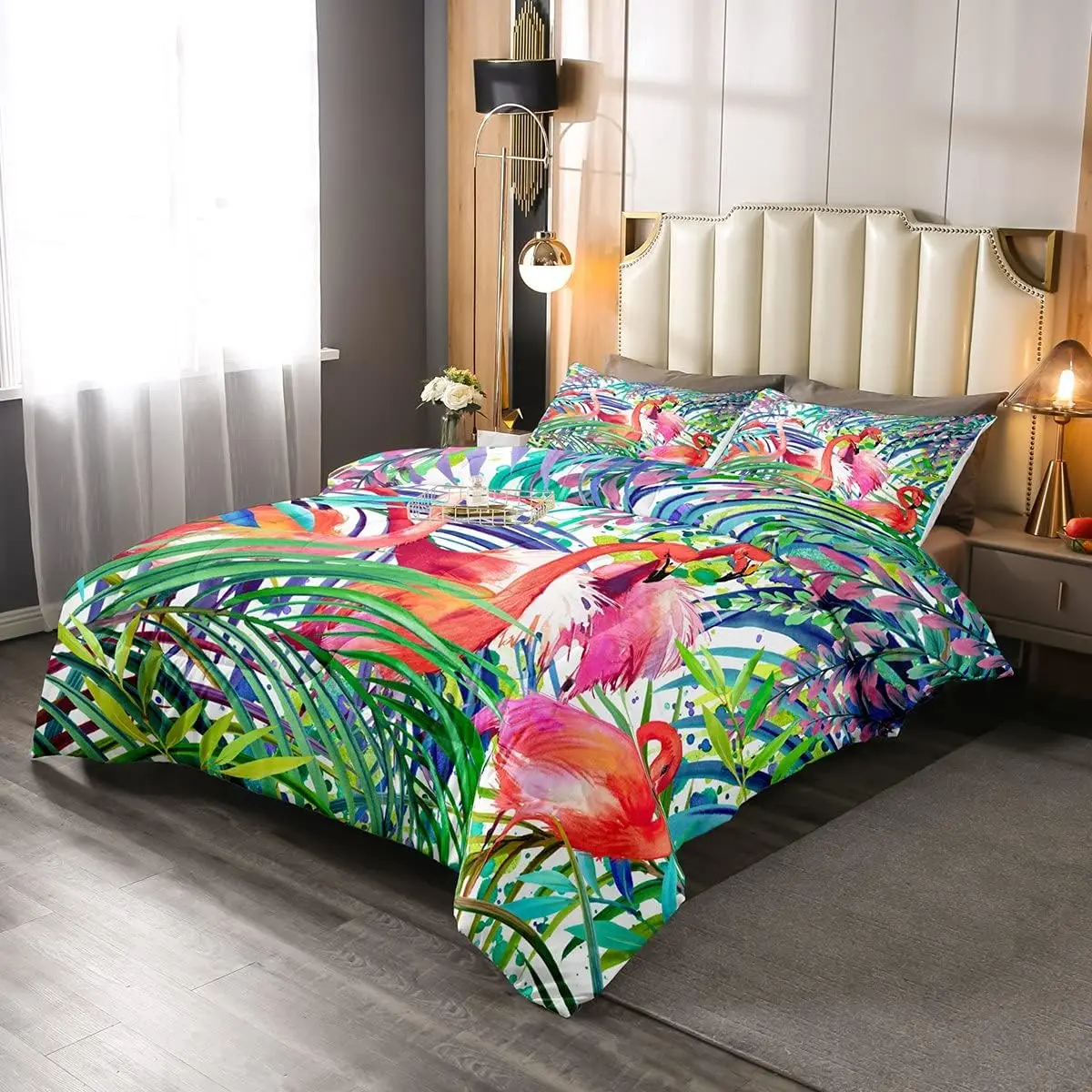 Flamingo Comforter Set,Tropical Leaves Room Decor Down Comforter,Palm Tree Pattern Quilted Duvet,Colorful Comforter Set,Super Soft Breathable Comfy Bedding Set Decorative Bedding Set