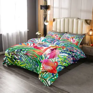 Flamingo Comforter Set,Tropical Leaves Room Decor Down Comforter,Palm Tree Pattern Quilted Duvet,Colorful Comforter Set,Super Soft Breathable