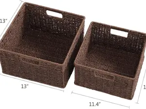 HOONEX Storage Baskets for Organizing, Decorative Round Paper Rope Woven Baskets for Storage with Carrying Handles, Set of 2, Dark Brown