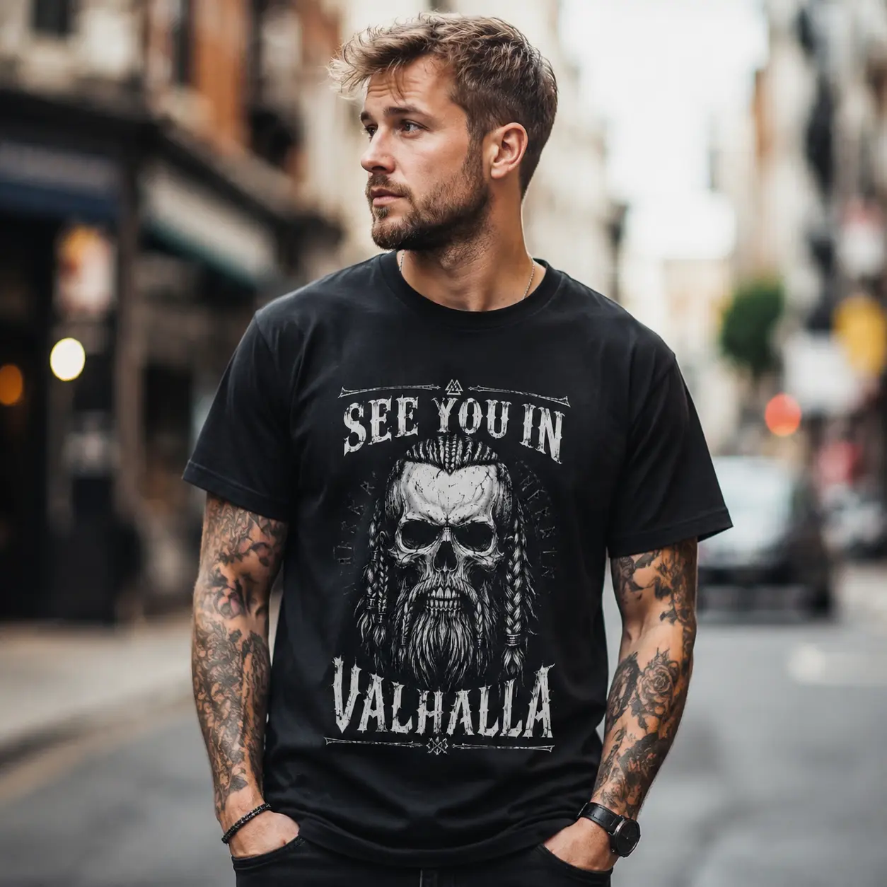Unisex Black Cotton Crew Neck T-Shirt, Vintage Distressed Viking Braid Beard Skull See You In Valhalla Front Print Graphic Tee, Norse Mythology Biker Streetwear Top Gift For Viking Fans, Bikers & Veterans