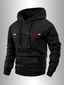 Autumn And Winter Men'S Street Fashion Hoodie, American Niche Personalized Letter Print, Comfortable Stretch Fabric, Long Sleeve Pullover Sweatshirt With Unique Design, Solid Color Hooded Sports Jacket With Drawstring Hood And Kangaroo Pocket, Suitable Fo