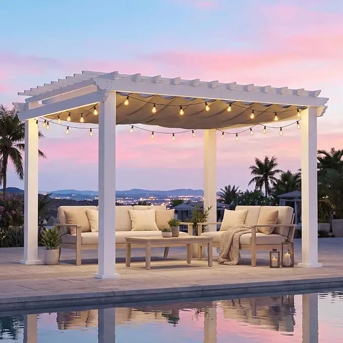 Aoxun 12' x 10' Outdoor Pergola with Retractable Canopy, White Aluminum Patio Pergola with Trellis Roof & Adjustable Shade, 100MPH Wind Resistant, 98% UV Block for Backyard Deck Garden Poolside