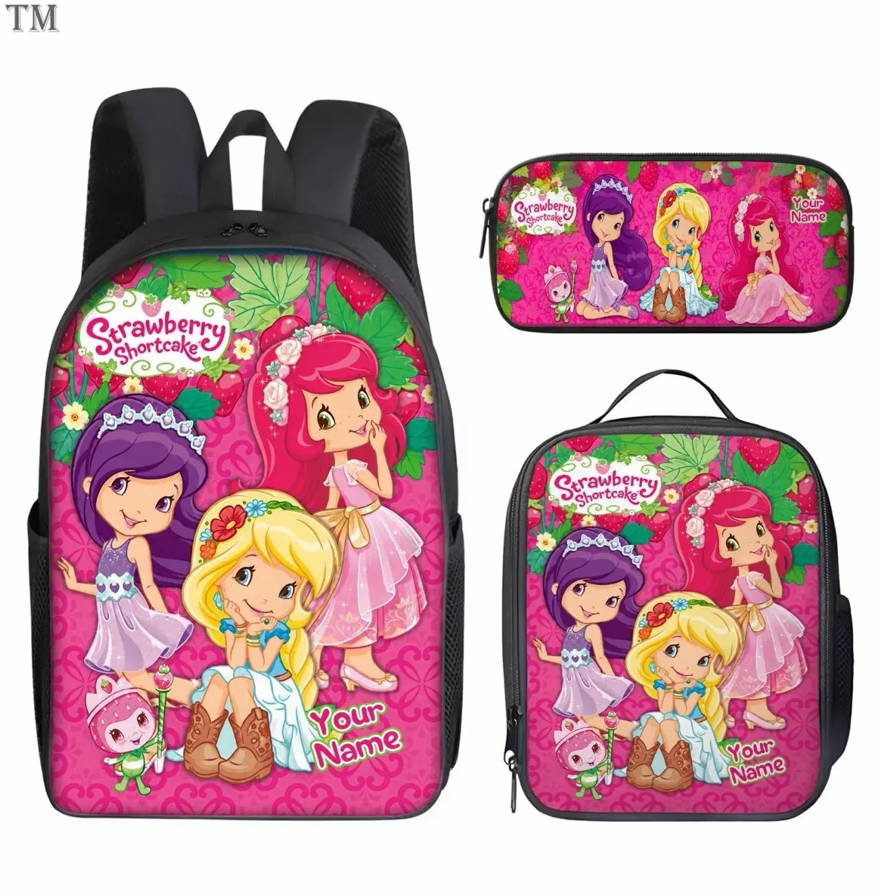 Custom Name Cute Gothic Strawberry Girl Student Backpack Set | 3Pcs Schoolbag Insulated Lunch Bag Pencil Case | Personalized Back to School Gift for Girls
