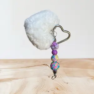 Beaded Heart Keychain with Soft White Fur and Colorful Beads for Stylish Accessory