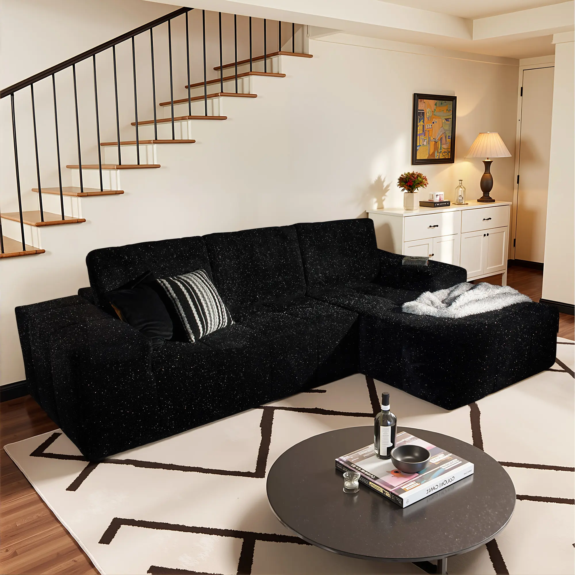 114" Black Starry Sky Fabric Right Chaise