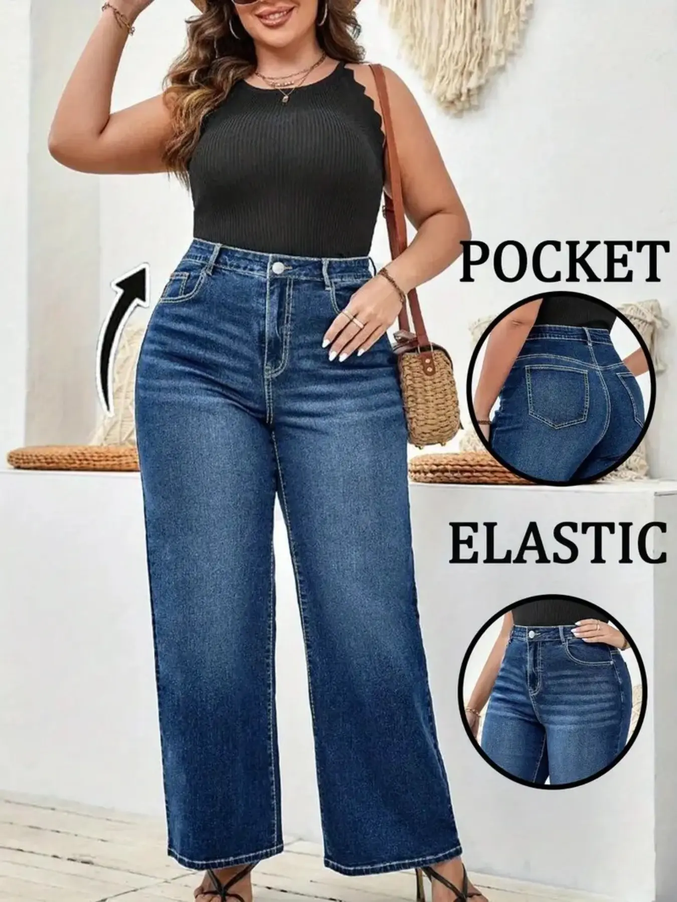 Plus Size Women's Elastic Fabric Washed Casual Basic Fashion Loose Baggy Oversized Wide Leg Denim Jeans Trouser Pants Bottom, All Seasons, Natural Waist, Long Hem, Loose-Fitting Womenswear