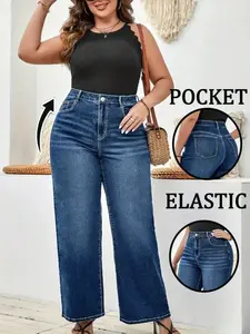 Plus Size Women's Elastic Washed Casual Fashion Loose Wide Leg Denim Jeans Pants Bottom, All Seasons, Natural Waist, Long Hem, Loose-Fitting Womenswear