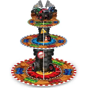 P-PSD03   3 Tier Truck Party Decorations Cupcake Stand Race Car Cupcake Tower Favors Racing Truck Party Dessert Holder Car Theme Dessert Stand for Kids Boys Race Car Birthday Supplies Cardboard Colorful