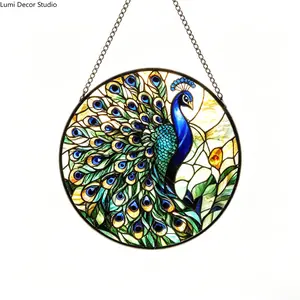Stained Glass Peacock Suncatcher, Turquoise Blue Green Window Hanging Decor,  Round Panel For Door, Home, And Window, Captures Sunlight To Create Colorful Light Displays, Ideal Gift For Mother’s Day, Christmas, Birthdays For Mom, Nana, Women And Men