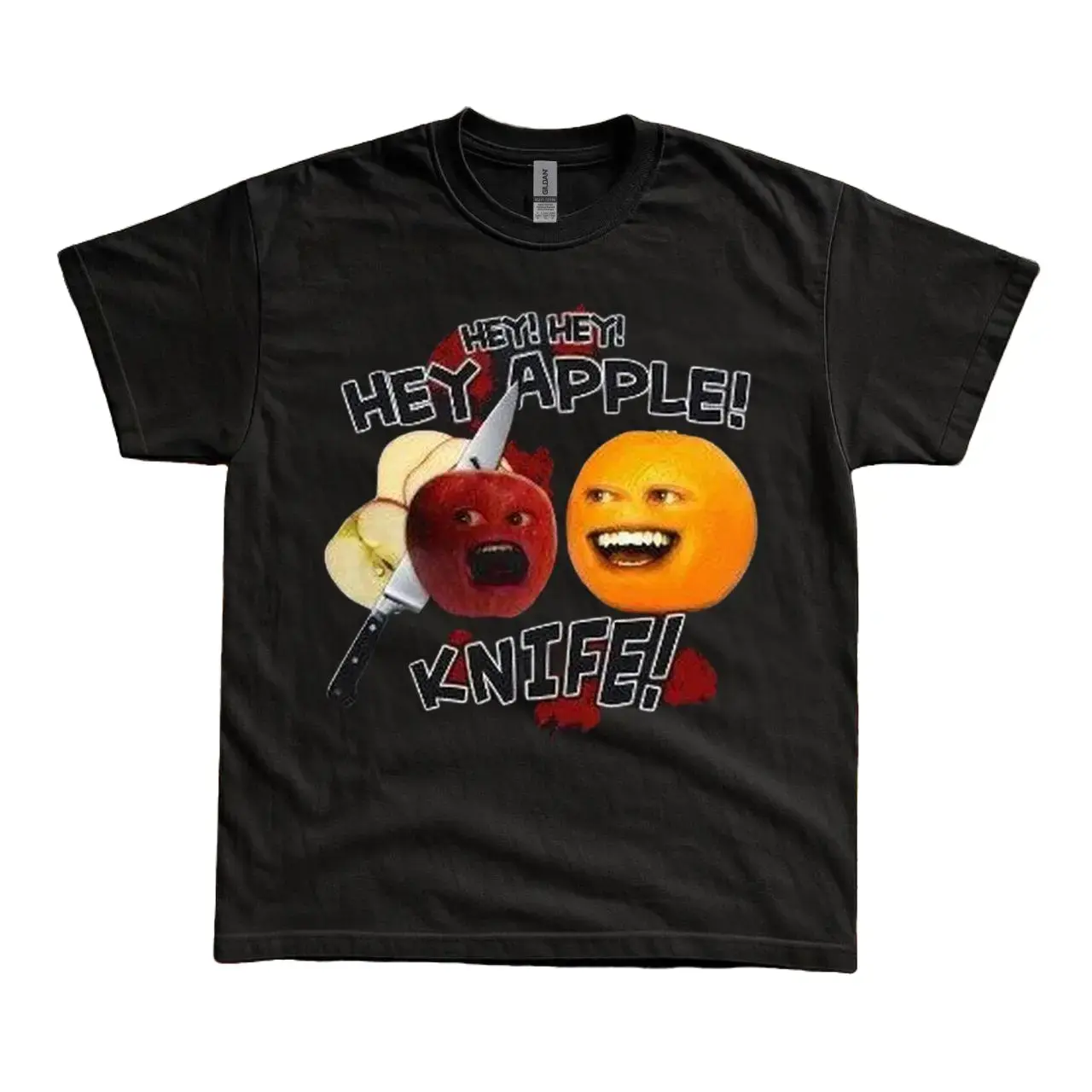 Hey Apple Knife T-Shirt, Funny Orange Apple Meme Tee, Retro Internet Meme Graphic Shirt, Viral Food Humor Tee, Unisex Black Cotton Shirt