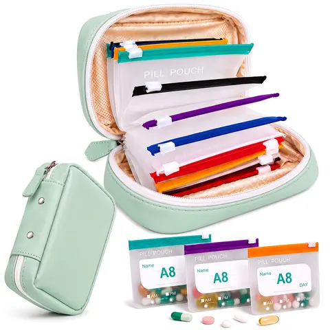 Waterproof Pill Organizer Pouch Storage Bags Set Pack - Binder-Style, 14 Inner Bags, 7-14 Day Med Storage, Zippered for Fish Oils/Vitamins, Reusable Pocket Pharmacy with Color-Coded Labels for Traveling