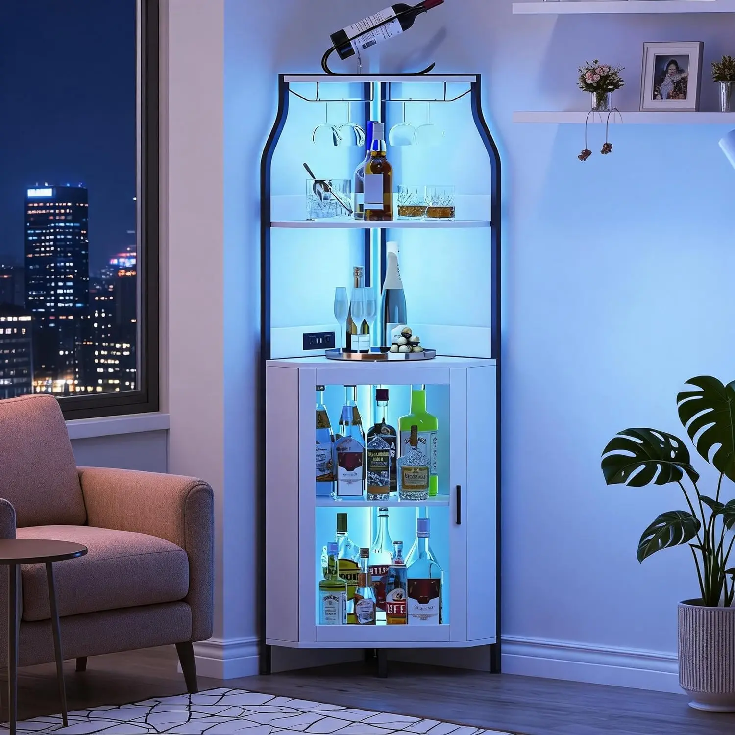 Corner Bar Cabinet with Doors, 5-Tier Industrial Liquor & Wine Cabinet, Modern Furniture with Adjustable Shelves & RGB LED Lights, Mini Bar for Home, Kitchen, or Coffee Corner