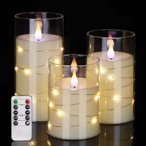 Homemory Flameless Candles with Embedded Star String Fairy Lights Battery Operated LED Candles Fake Candles with Remote Control Timer Ivory 3D Wick Yellow and Blue Glow Set of 3 H4 5 6 Nightlight for Bedroom Lighting Modes Adjustable Candle Warmer Lamp