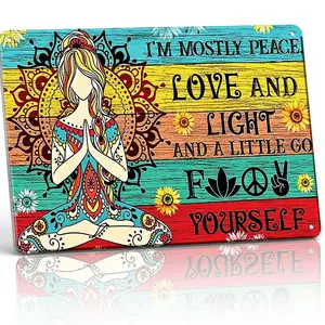 8x12 In Aluminium Metal Sign - "I'm Mostly Peace Love And Light And A Little Go F Yourself" Funny Boho Yoga Wall Decor - Retro Tin Poster with Meditating Woman Illustration, Durable, Weatherproof, Easy to Hang for Home, Yoga Studio