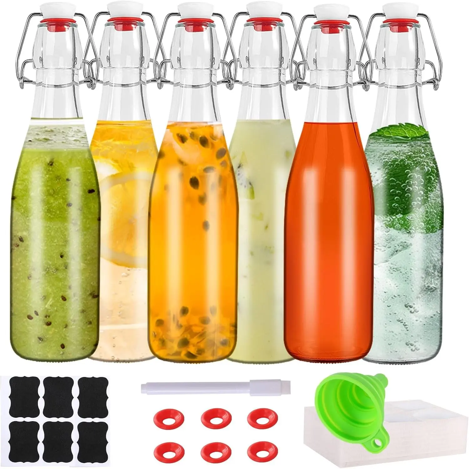 6 Pack 12 oz Swing Top Glass Bottles with Airtight Flip Lids for Home Brewing, 2nd Fermentation, Kombucha, Kefir, Vanilla Extract, Juice, Tea, Beverages, Soda, Oils, Vinegar, Limoncello
