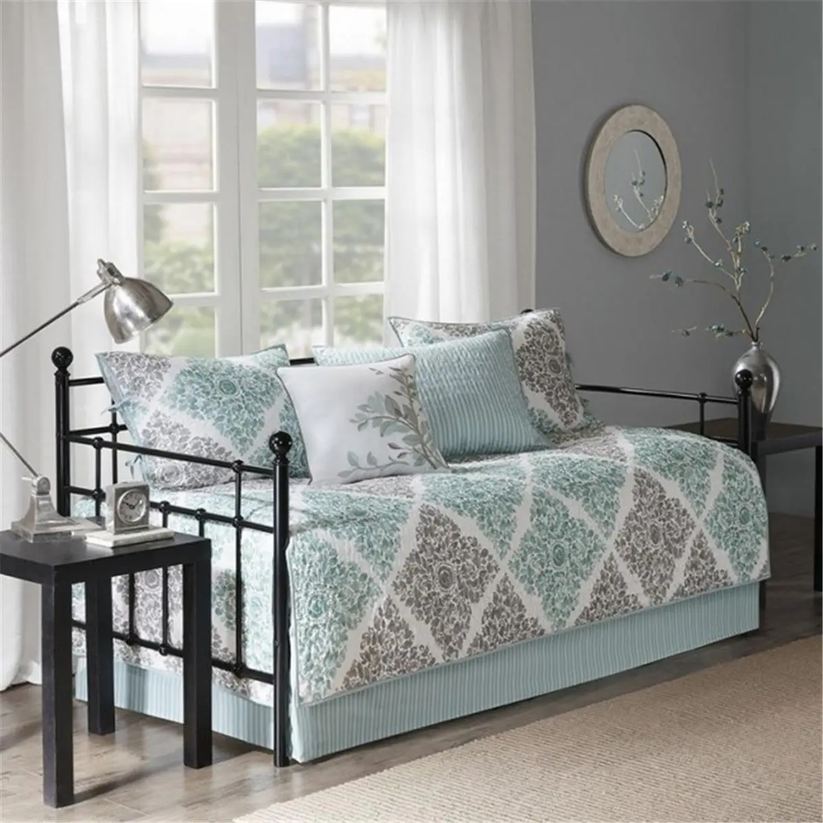 212 MAIN Madison Park Claire 6-Piece Quilted Daybed Cover Bed Skirt Set - Aqua, Modern Bedding Set, Polyester Blend Diamond Print, Quilted Face, Reversible Sham