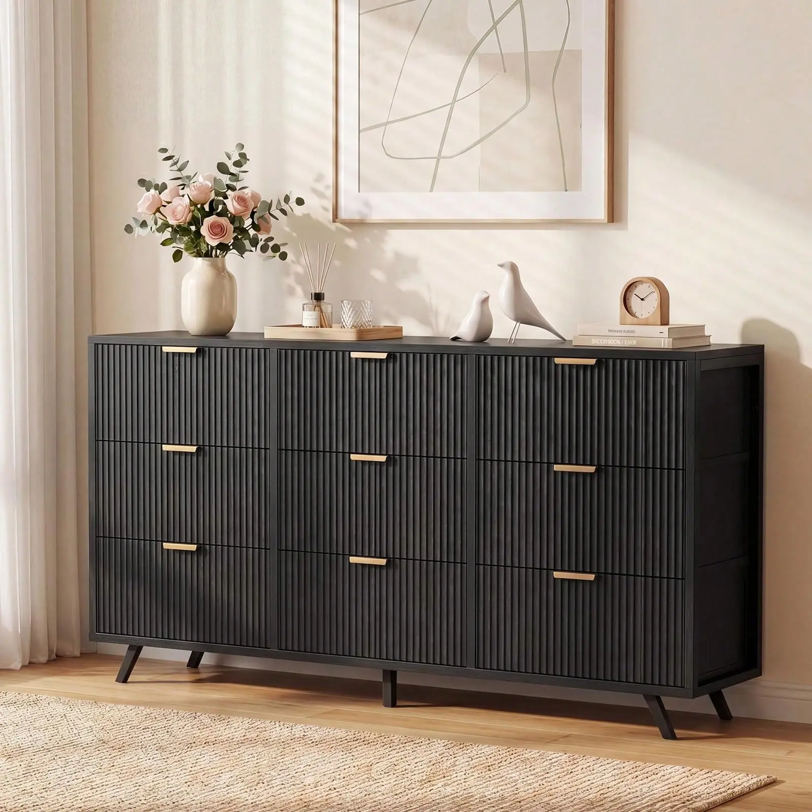 Fluted 9-Drawer Fabric Storage Dresser, Modern Chest With Metal Frame Wooden Top For Bedroom Entryway Living Room,