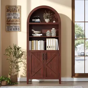Arched Bookcase with Doors - 5-Tier Open Display Shelf, Modern Bookshelf Storage Cabinet for Home Office Living Room Library, Brown pantry  cabinet tier bookcase