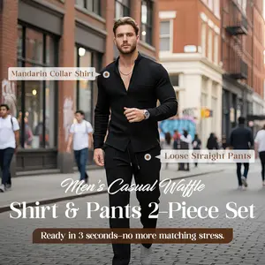 Men's Casual Waffle Texture Shirt & Pants Set - Breathable Polyester, Easy Fit, Long Sleeve, Hidden Drawstring Waist, Multiple Colors Available