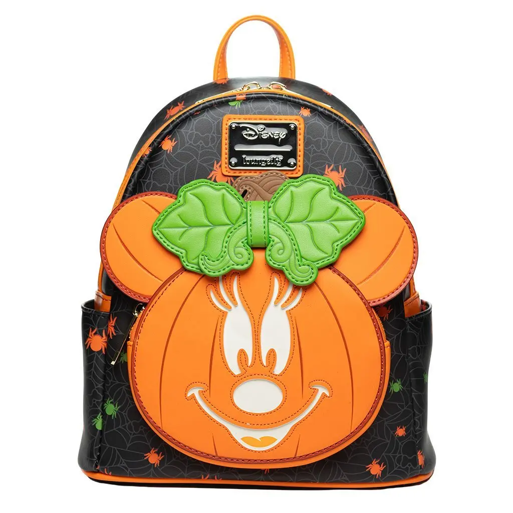 Loungefly Disney Glow-in-the-Dark Pumpkin Minnie Mouse Mini Backpack, Lightweight Faux Leather Halloween Casual Daypack with Spider Print, Lightweight Casual Daypack
