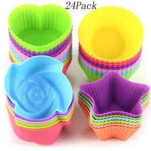 Silicone Cupcake Liners for Baking, 24Pcs Reusable Muffin Cups Greaseproof Muffin Liners Nonstick Baking Molds with Round, Stars, Heart, Flowers Shape for DIY Cupcake