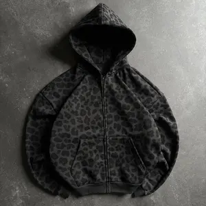 Zipper Hoodie Leopard Print Pattern Sweatshirt Streetwear Retro Dark Clean Fit Unisex Boxy Womenswear Tops