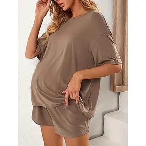 Women's Maternity Clothes 2 Piece Set Pajamas Clothing Loose Short Sleeve T-shirt Top and Shorts Home Wear