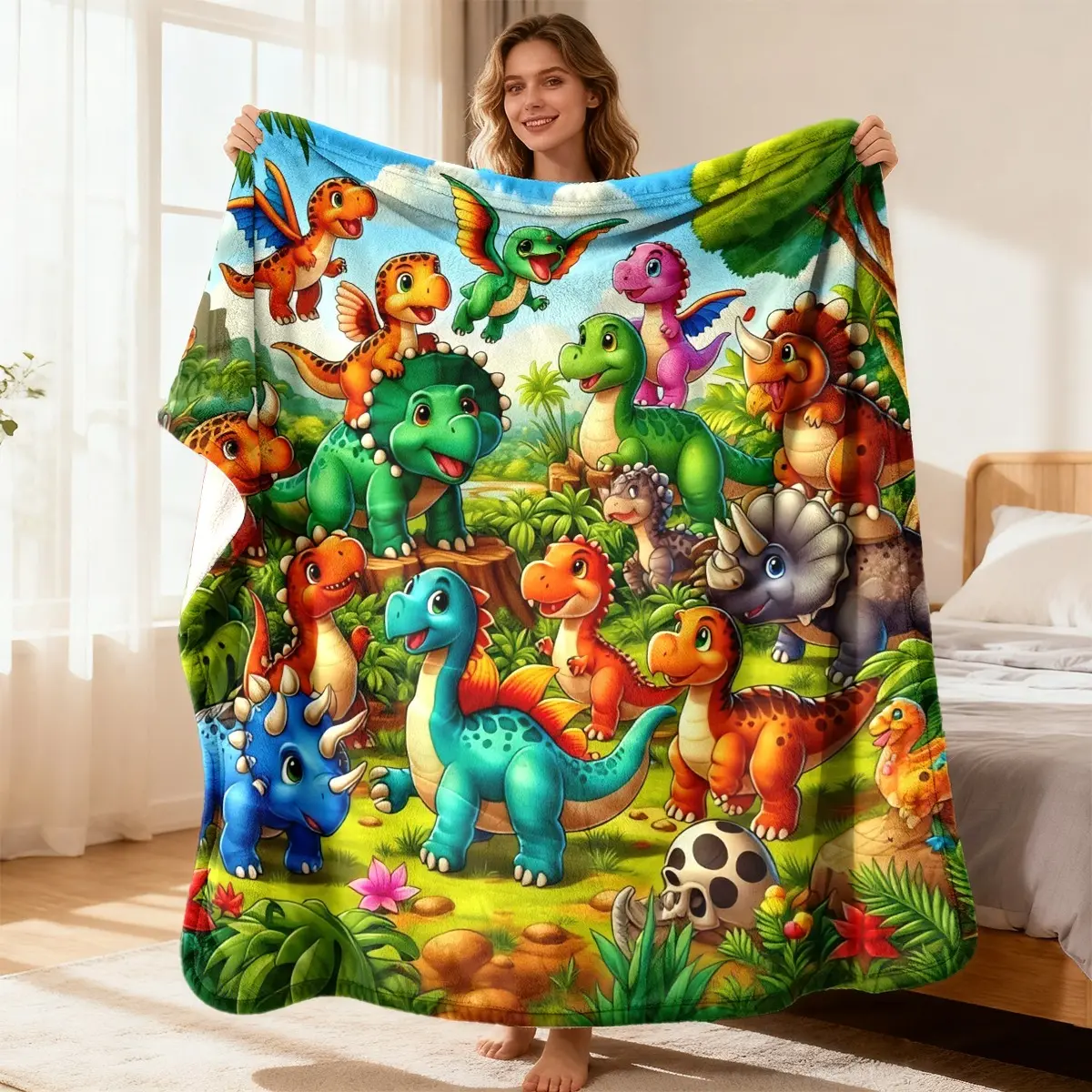 Colorful Cartoon Dinosaur Jungle Flannel Blanket - Soft, Cozy, Warm Fuzzy Plush Throw with T-Rex, Triceratops, Ideal Birthday Gift for Boys, Nursery Bedroom Sofa Home Decor