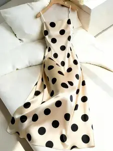 Women's Polka Dot Spaghetti Strap Sleeveless Long Dress, Summer, Satin Texture Waist Cinched, Elegant Chic Lady Commute Vacation Dress, Ditsy Floral Pattern