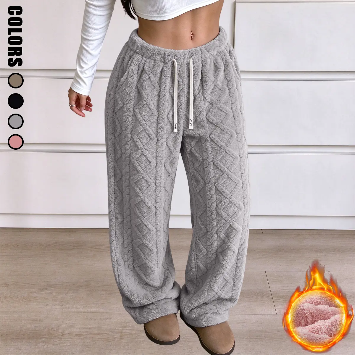 Women's Retro Fleece Pants -Solid Color,Mid-Waist, Elastic Stretch, Loose Cut Clothes for Winter Streetwear, Sporty Casual Trousers with Adjustable Drawstring Waistband, Womenswear women