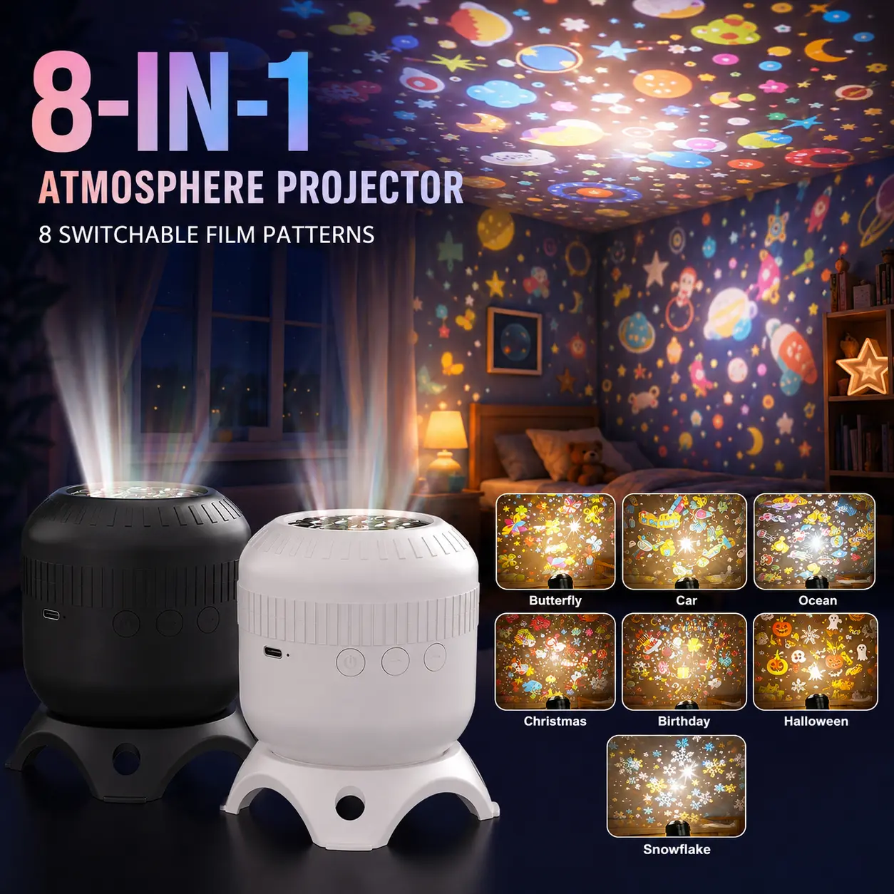 New 8-IN-1 Starry Sky Projector Light with Replaceable Films, Christmas & Birthday Party Atmosphere Light, Fun Kids Projector Night Light, Holiday Gift