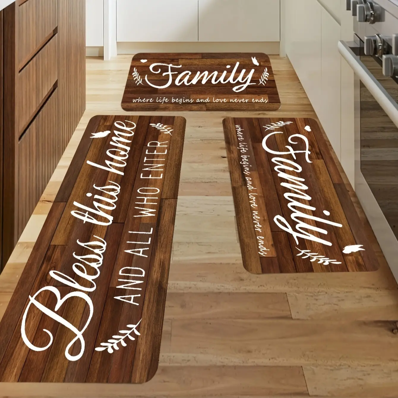 3-Piece Family-Themed Kitchen Mat Set - Happy Home & Love Never Stops Design, Long Strip Polyester Mat, Durable, Machine Washable, Non-Slip, Absorbent, Suitable for Entrance Hallways & Laundry Rooms