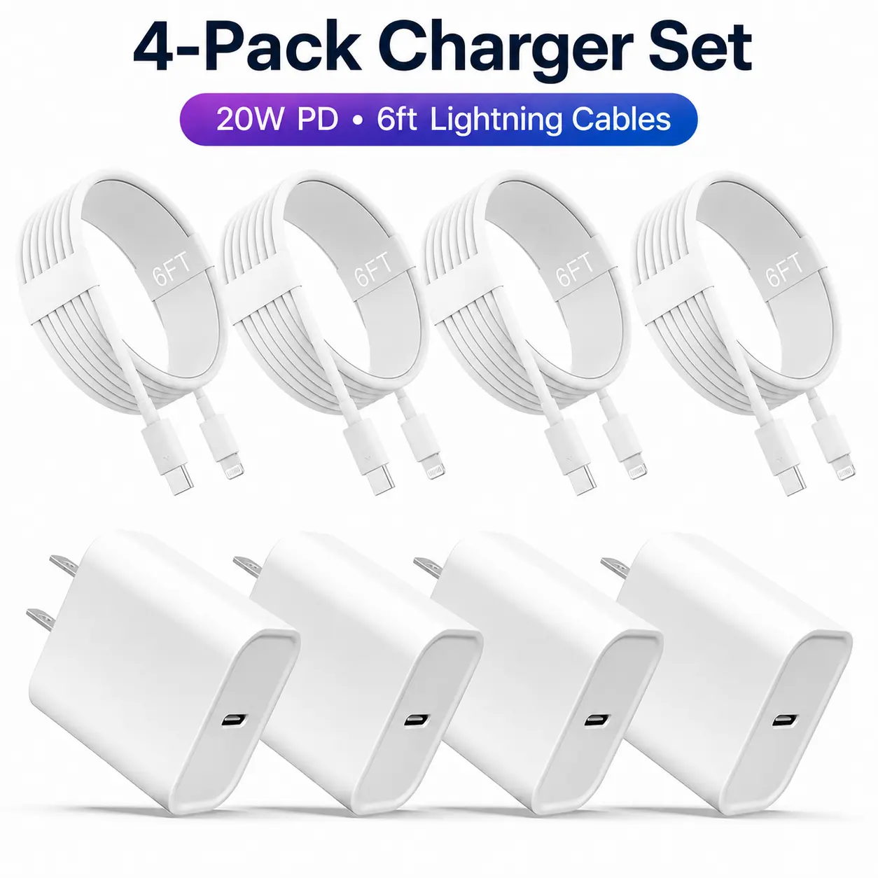 4-Pack USB-C Charging Kit: 4-Pack 20W Super Fast Cellphone Wall Charger Blocks + 4-Pack 6FT USB-C to Lightning Cables for iPhone 14/13/12/11 Pro Max, Electronic Mobile Devices, 4 Pcs 6ft for IP 14/13/12 (TikTok Shop Back to School)