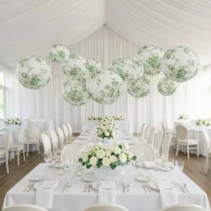 Set of 8 French Toile Hanging Paper Lanterns White with Sage Green Floral Pattern, Decorative Lanterns - 6", 8", 10", 14"