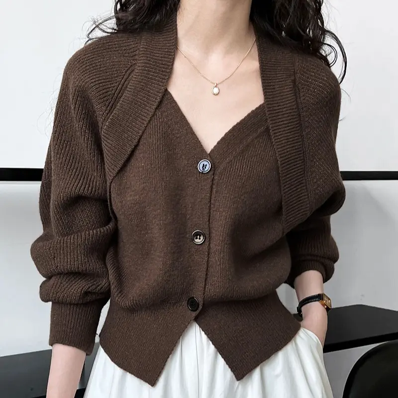 Patchwork V-neck Button Sweater