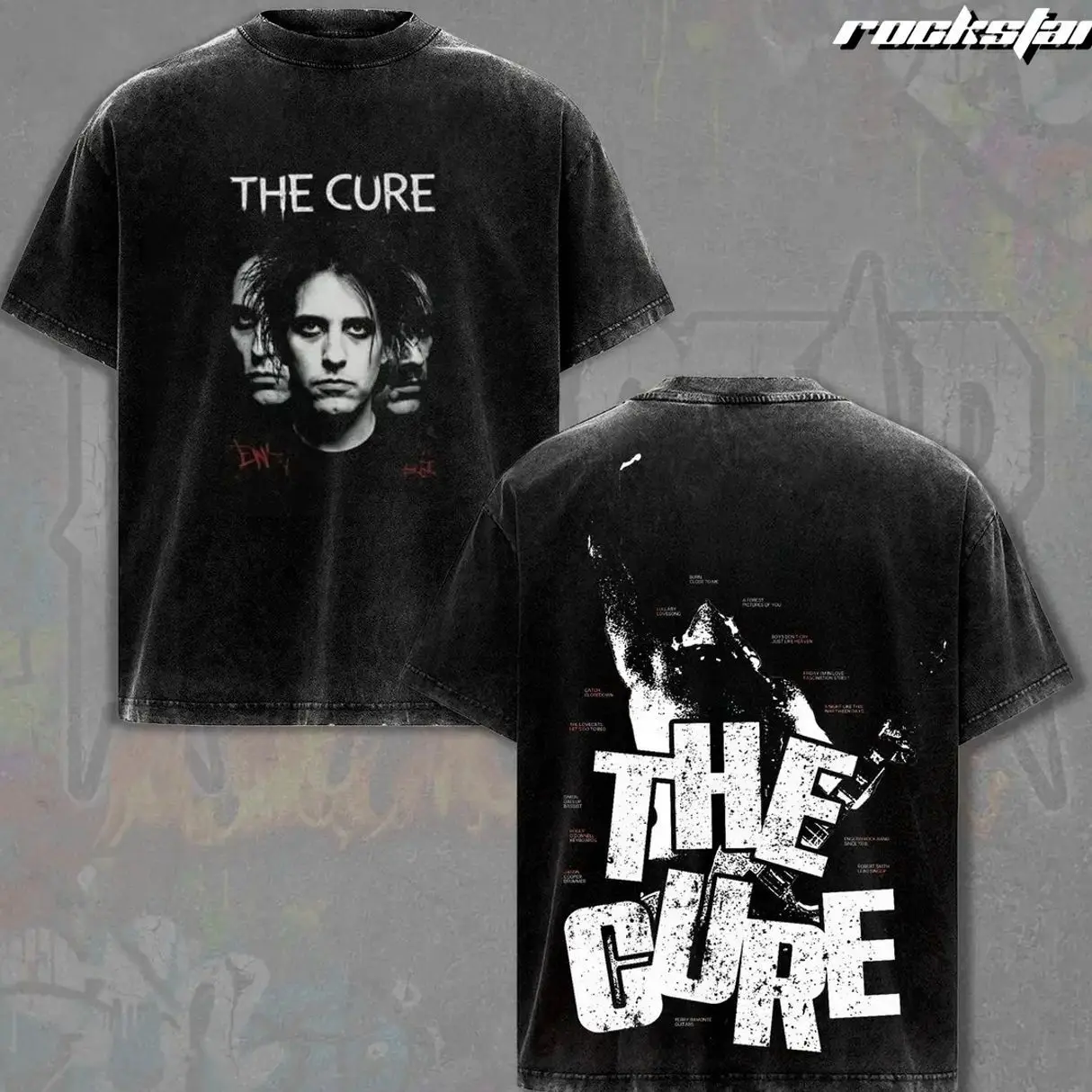 Men's Casual Classic Seamless The Cure Vintage Washed T-Shirt - Iconic Band Portrait Graphic, Guitar Design Back Print, Oversized Black Heavyweight Streetwear Tee for Music Fans P66