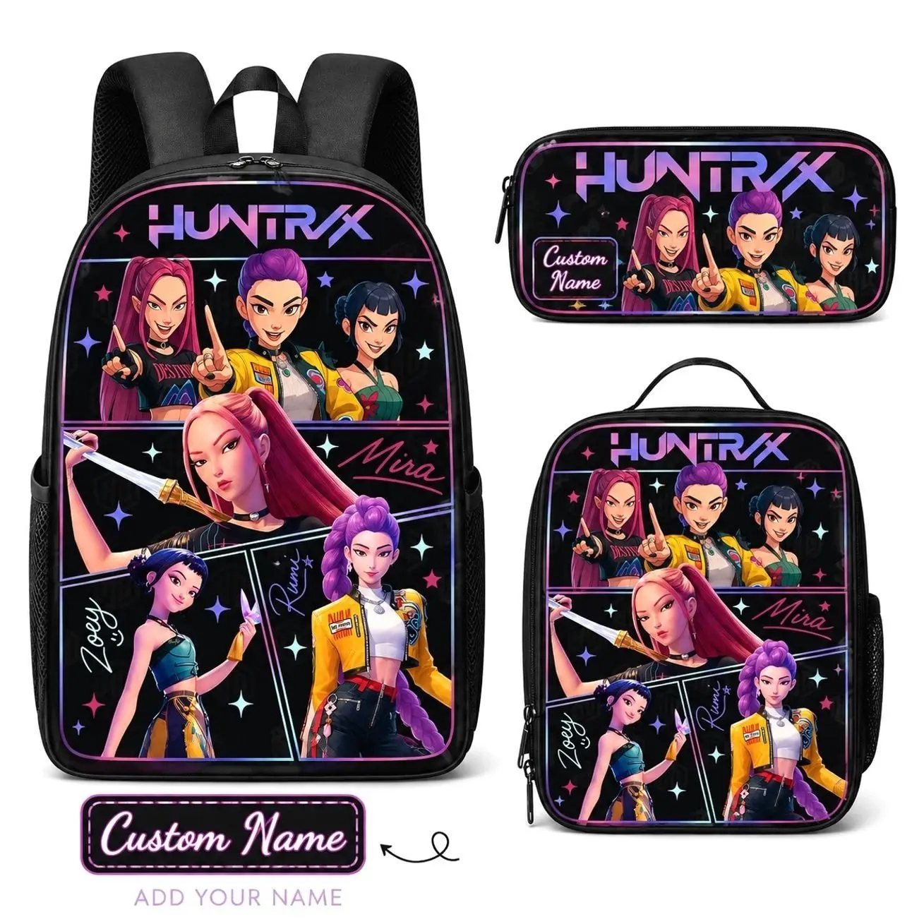 Custom Name Cute Cartoon K-Pop Huntrix Girl 3Pcs Backpack Set - Schoolbag Insulated Lunch Tote Pencil Case - Personalized Back to School Gift