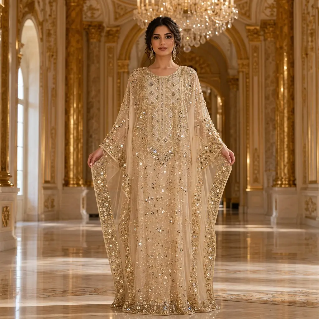 Luxury Heavy Embroidered Sequin Abaya | Beaded Cape Maxi Dress for Eid & Weddings
