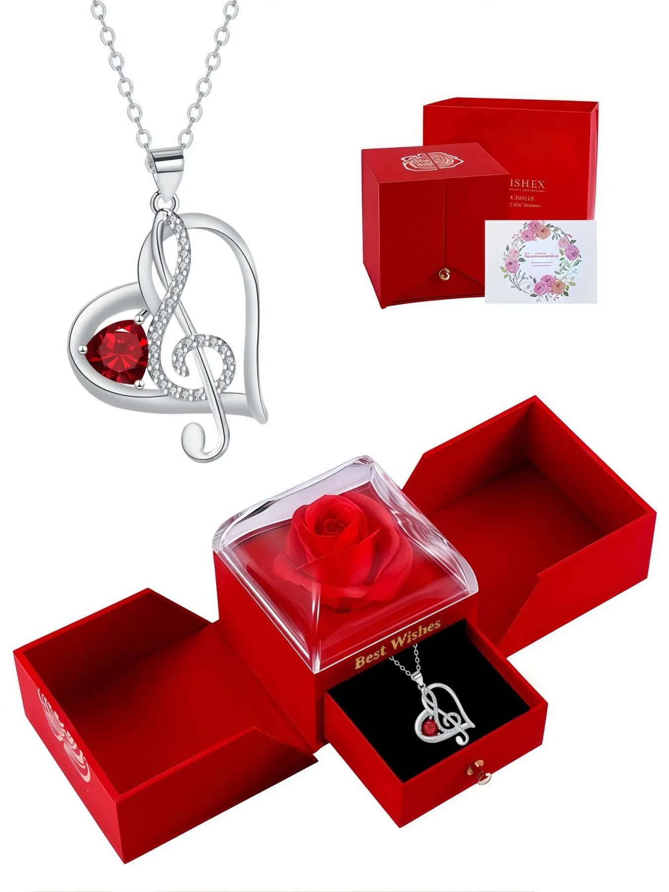 Melody Heart Ruby Original niche diamond-set ruby necklace with heart and music note design.Paired with a surprise double-door preserved rose jewelry gift box, perfect for birthdays, Mother's Day and Valentine's Day.