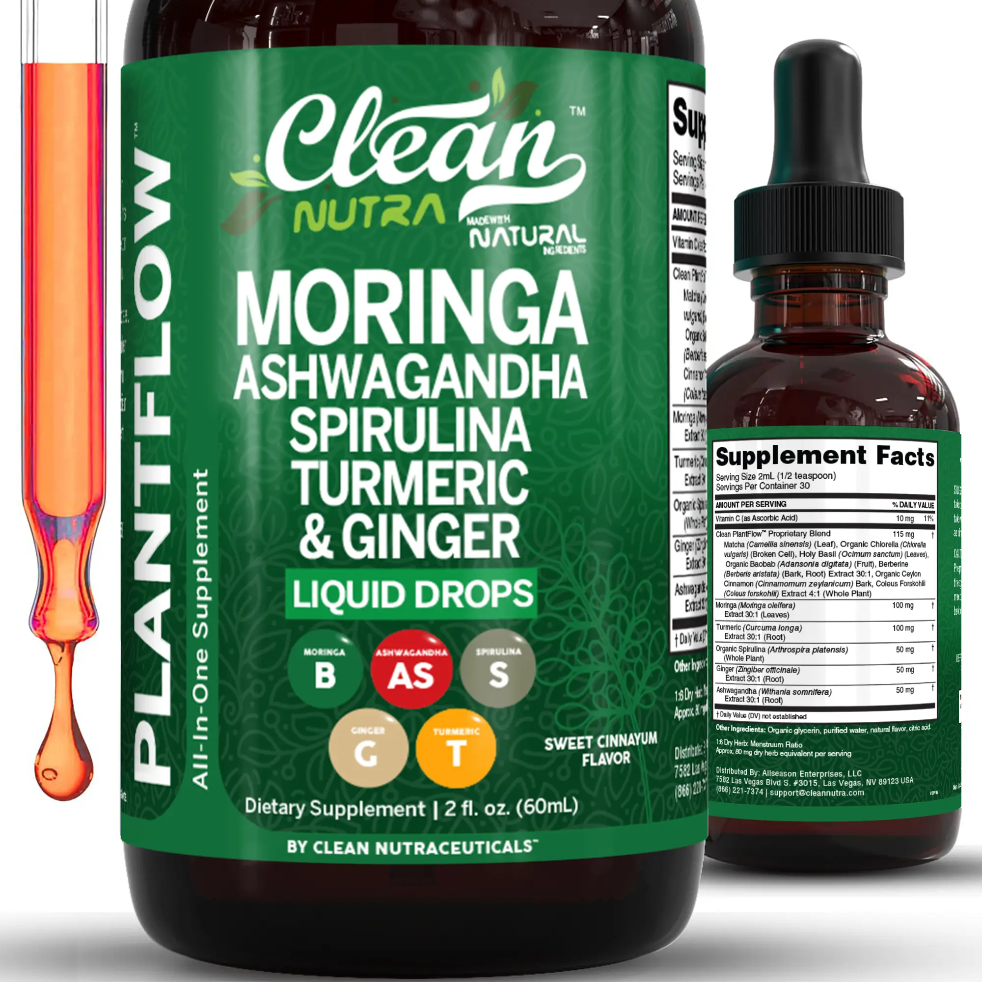 Clean Nutra Plantflow Moringa Drops with Ashwagandha Turmeric Ginger Spirulina Fennel for Energy, Lactation & Daily Wellness Supplement