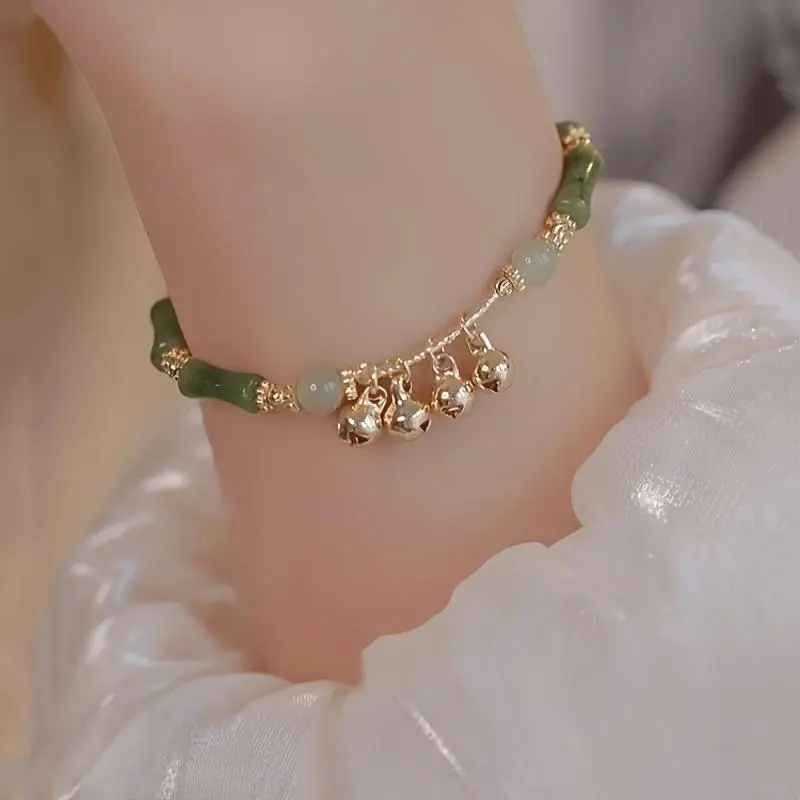 Women's Imitation Jade Exquisite Bracelet - Chinese-Style Elegant Costume Jewelry with Bamboo Bell Charm, Green Stackable Arm Candy, 16cm/6.3in, All-Season Accessory