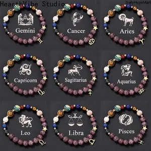 12 Zodiac Sign Beaded Bracelet, Handmade Natural Stone Stainless Steel Charm