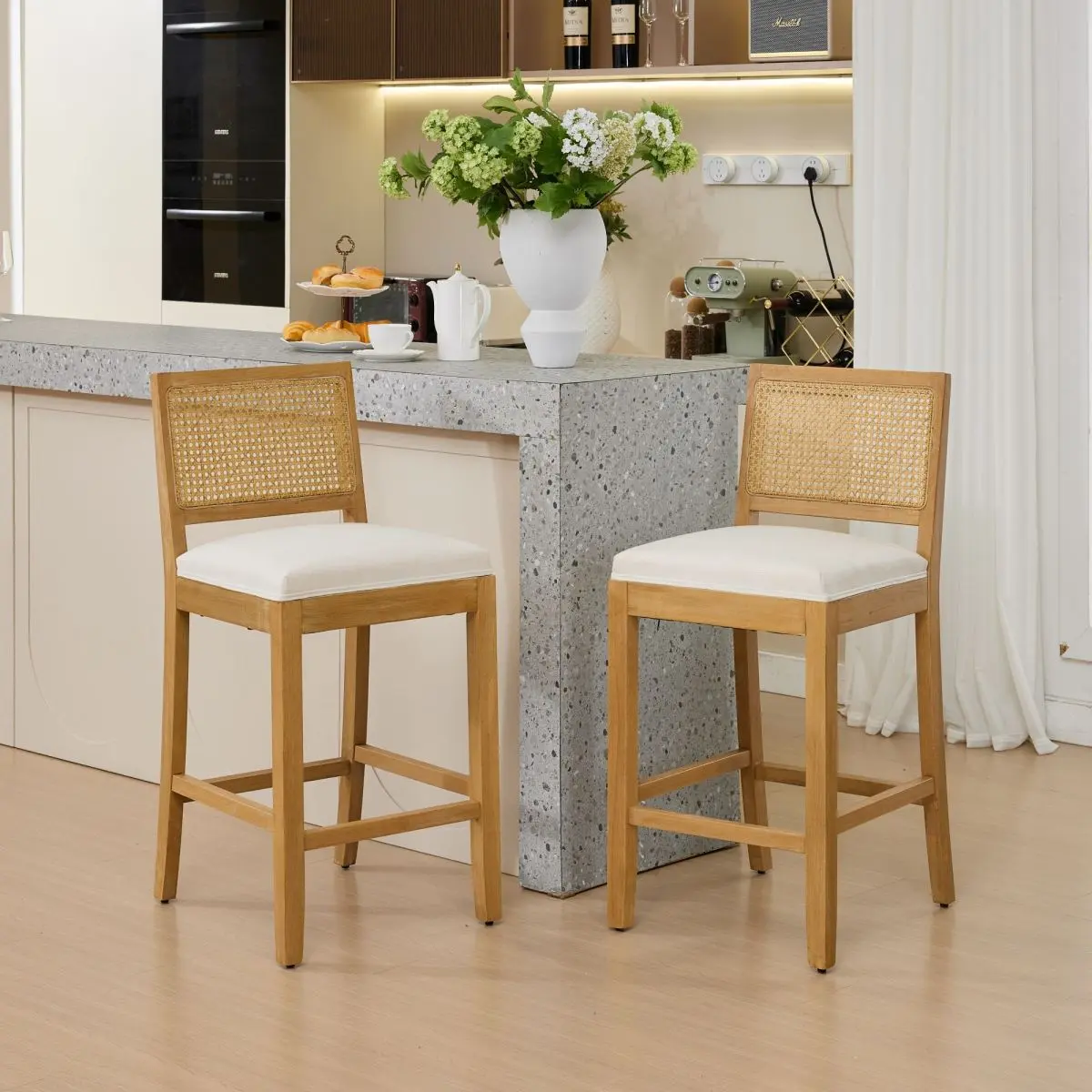 Wood Bar Stools Set of 2, Farmhouse Kitchen Island Barstools with Rattan-Back and Linen Cushion, Counter Height Bar Chairs for Dining Room Pub Cafe (Beige)