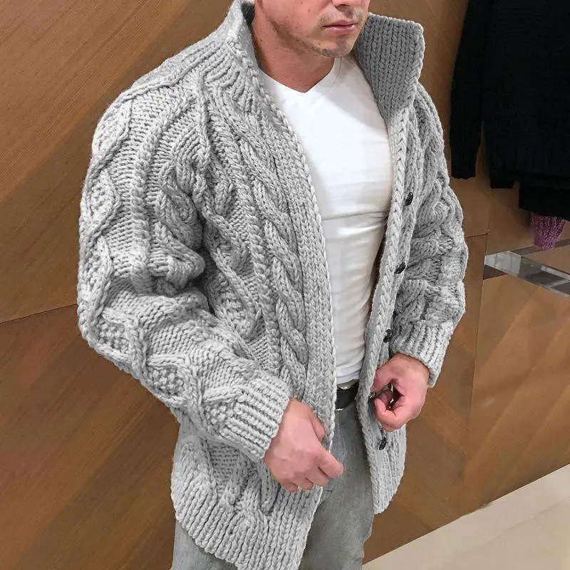 Men's Heavyweight Plain Knit Long-Sleeve Collared Single-Breasted Casual Cardigan Outerwear, Menswear for Autumn Winter Sports & Outdoor Activities