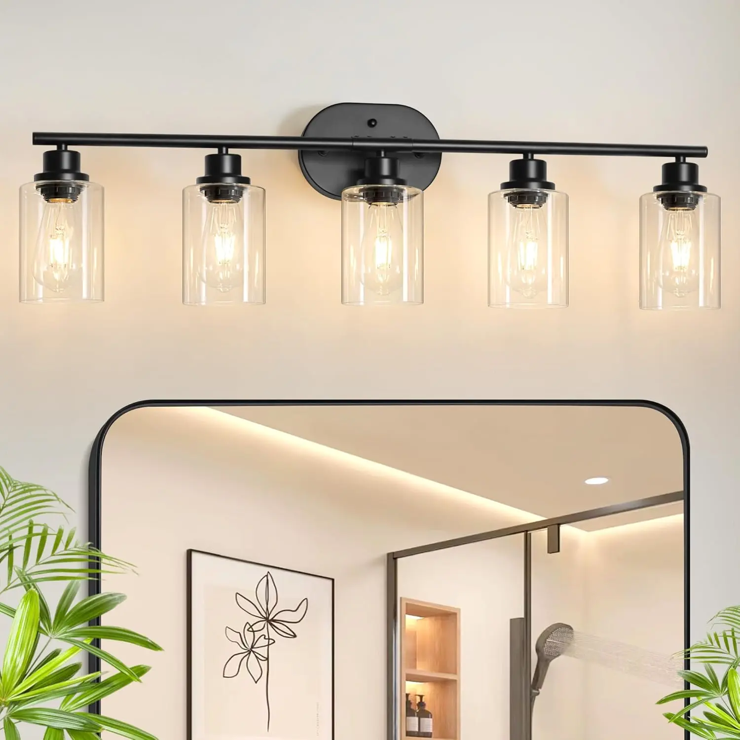 5 Light Bathroom Light Fixtures,33.5 Inch Vanity Lights for Bathroom, Lacquered Black Wall Lamp with Clear Glass for Mirror, Living Room, Hallway, Cabinet, E26 Base